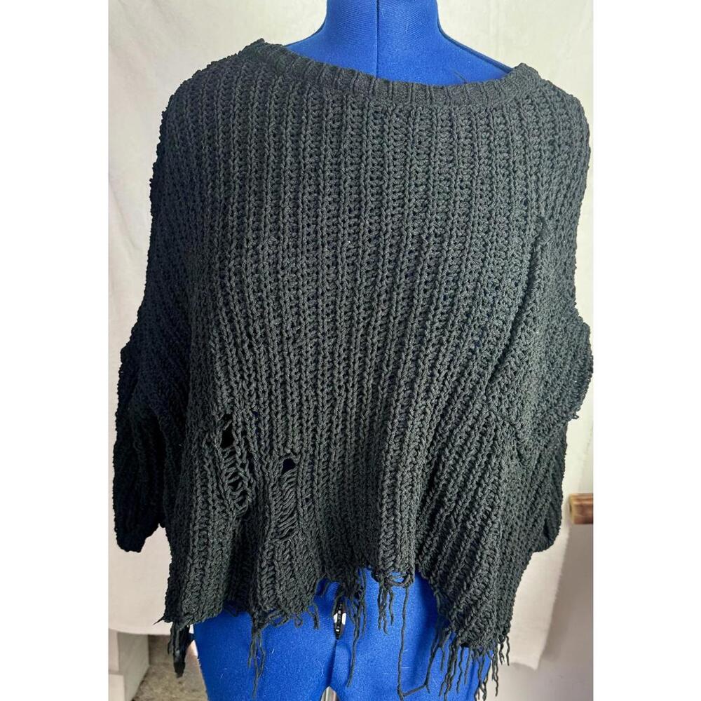 white birch black‎ knit sweater shredded hem grunge slouchy oversized boho goth